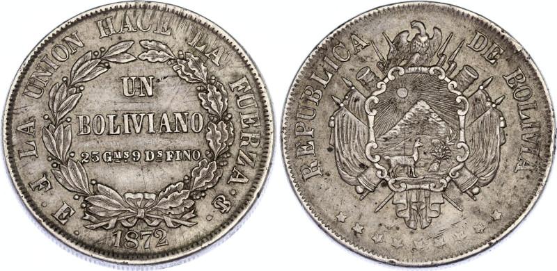 Bolivia 1 Boliviano 1872 PTS FE
KM# 155.4, N# 23868; Silver; Mint Potosi, Boliv...