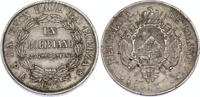 Bolivia 1 Boliviano 1872 PTS FE
KM# 155.4, N# 23868; Silver; Mint Potosi, Bolivia; XF.