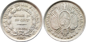 Bolivia 50 Centavos 1892 PTS CB Coaxiality Error
KM# 161.5; N# 26167; Silver; Potosi Mint; AUNC/UNC with minor hairlines.