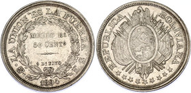 Bolivia 50 Centavos 1894 PTS ES
KM# 161, N# 26167; Silver; Republic; UNC.