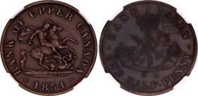 Canada Bank of Upper Canada 1/2 Penny 1854 NGC XF
KM# Tn2, CCT# PC- 5C1, N# 1898; Plain "4"; Copper; NGC XF Det. rev. corrosion.