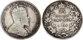 Canada 25 Cents 1908
KM# 11, N# 375; Silver; Edward VII (1901-1910); Mintage 495016 Pcs only!; VF.
