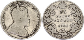Canada 25 Cents 1909
KM# 11, N# 375; Silver; Edward VII (1901-1910); F-VF.