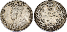 Canada 25 Cents 1911
KM# 18, N# 375; Silver; George V (1910-1936); VF.