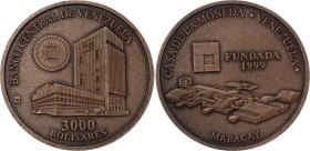 Venezuela 3000 Bolivares 1999
Schön# 90; N# 37243; Bronze; Founding of the Casa de la Moneda de Maracay 1999; Mintage 5000; UNC Toned.