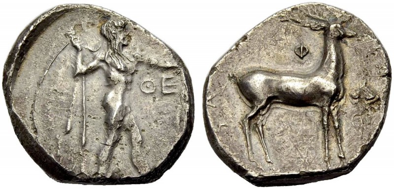 GRIECHISCHE MÜNZEN 
 BRUTTIUM 
 KAULONIA 
 Nomos, 400-380 v. Chr. Poseidon, n...