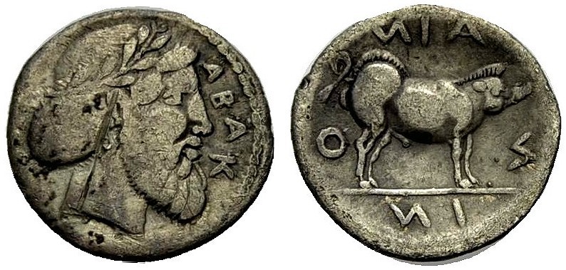 GRIECHISCHE MÜNZEN 
 SIZILIEN 
 ABAKAINON 
 Litra, 450-400 v. Chr. ABAK Bärti...