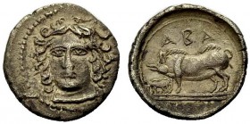 GRIECHISCHE MÜNZEN 
 SIZILIEN 
 ABAKAINON 
 Litra, 420-410 v. Chr. Weiblicher Kopf mit üppigem Haar von vorne, leicht n.l. gewendet. Rv. ABA Sau mi...