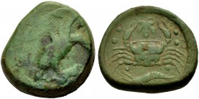 GRIECHISCHE MÜNZEN 
 SIZILIEN 
 AKRAGAS 
 Hemilitron, Bronze, ca. 425-406 v. Chr. Adler n. r., in den Fängen Hase. Rv. Krabbe, zwischen den Scheren...
