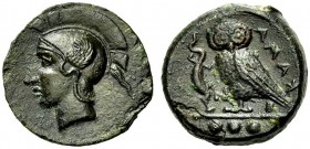 GRIECHISCHE MÜNZEN 
 SIZILIEN 
 KAMARINA 
 Tetras, um 410 v. Chr. Kopf der Athena mit Helm n. l., die Wangenklappen hochgeschlagen. Rv. KAMA Eule n...