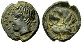 GRIECHISCHE MÜNZEN 
 SIZILIEN 
 PIAKOS 
 Tetras, Bronze, 425-410 v. Chr. Π-I-A-K Kopf eines jugendlichen Flussgottes mit einem kleinen Horn n. l. R...
