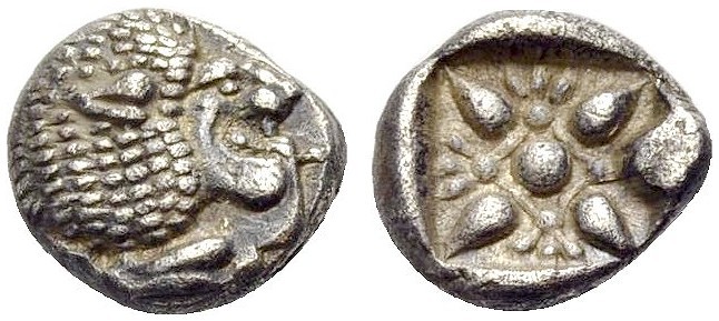 GRIECHISCHE MÜNZEN 
 IONIEN 
 MILETOS 
 Obol, 540-520 v. Chr. Löwenprotome n....