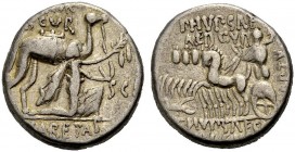 RÖMISCHE MÜNZEN 
 RÖMISCHE REPUBLIK 
 M. Aemilius Scaurus und P. Plautius Hypsaeus, 58 v. Chr. 
 Denar. M. SCAVR / AED. CVR / EX - SC / REX ARETAS ...
