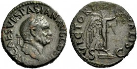RÖMISCHE MÜNZEN 
 KAISERZEIT 
 Vespasianus, 69-79. 
 As. 71. Büste mit L. n.r. Rv. VICTORIA NAVALIS S-C. Victoria auf Prora n.r. 11,94 g. BMC II,12...