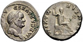RÖMISCHE MÜNZEN 
 KAISERZEIT 
 Vespasianus, 69-79. 
 Denar, 73. Kopf mit L. n.r. Rv. PONTIF - MAXIM Vespasian, mit Toga, auf einem Thron mit hoher ...