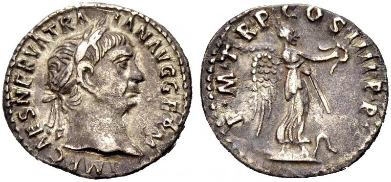 RÖMISCHE MÜNZEN 
 KAISERZEIT 
 Trajanus, 98-117. 
 Denar, 102. Geprägt im Zus...