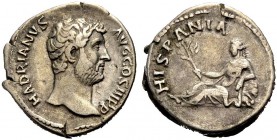 RÖMISCHE MÜNZEN 
 KAISERZEIT 
 Hadrianus, 117-138. 
 Denar, Rom, 134-138. Barhäuptige Büste n. r. HADRIANVS - AVG COS III PP Rv. HISPANIA Hispania ...