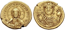 BYZANTINISCHE MÜNZEN 
 Konstantinos IX., 1042-1055. AV-Tetarteron Nomisma, Konstantinopel , Christusbüste frontal mit Nimbus, Evangeliar in der Linke...