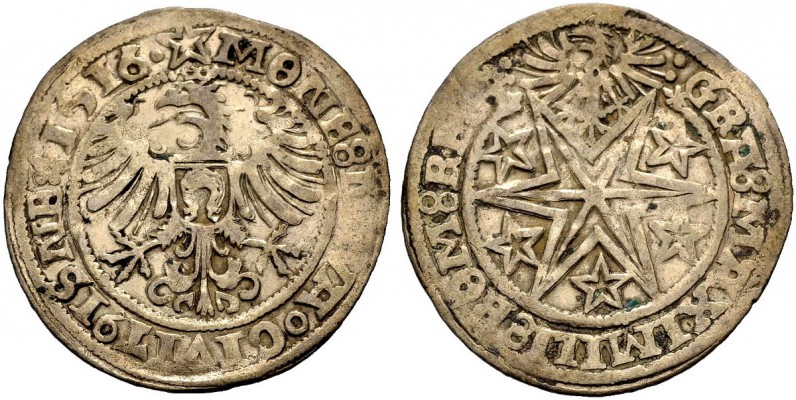 ALTDEUTSCHE MÜNZEN UND MEDAILLEN 
 ISNY, STADT 
 Batzen 1516. Gekrönter Adler,...