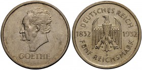 DEUTSCHE MÜNZEN SEIT 1871 
 WEIMARER REPUBLIK 
 5 Reichsmark 1932 J zum 100. Todestag Goethes. J. 351.
 Fast vorzüglich