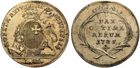 EUROPÄISCHE MÜNZEN UND MEDAILLEN 
 SCHWEIZ 
 SCHWYZ 
 Gulden 1785. Wappen zwischen einem liegenden und einem stehenden Löwen. Rv. PAX / OPTIMA / RE...