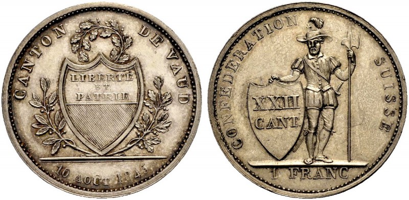 EUROPÄISCHE MÜNZEN UND MEDAILLEN 
 SCHWEIZ 
 WAADT, KANTON 
 Franken 1845. Sp...