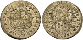 EUROPÄISCHE MÜNZEN UND MEDAILLEN 
 SCHWEIZ 
 WALLIS - SITTEN, BISTUM 
 FRANZ-FRIEDRICH AM BUEL, 1760-1780 
 20 Kreuzer 1777. Wappen mit Mitra, Sch...