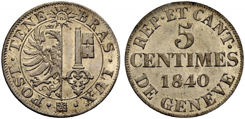 EUROPÄISCHE MÜNZEN UND MEDAILLEN 
 SCHWEIZ 
 GENF 
 5 Centimes 1840. Wappen. ...
