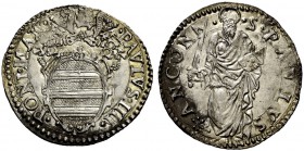 Ancona. Paolo IV (Gianpietro Carafa), 1555-1559. Giulio, AR 3,15 g. PAVLVS IIII – PONT MAX Stemma sotmontato da triregno e chiavi decussate. Rv. S PAV...