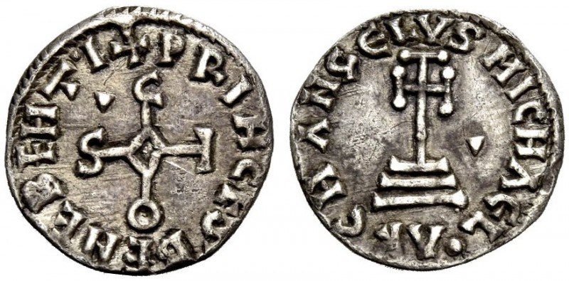Benevento. Sicone Principe, 817-832. Denaro, AR 1,08 g. PRIHCES BEHEBEHTI Sicone...
