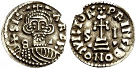Benevento. Sicardo principe, 832-839. Solido al tipo di Giustiniano II, EL 3,28 g. SIC – ARDV Busto diademato e drappeggiato di fronte, con globo cruc...
