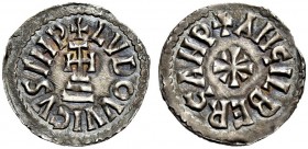 Benevento. Ludovico II e Angilberga, 870-871. Denaro, AR 1,10 g. LVDOVICVS IMP Croce potenziata su tre gradini. Rv. ANGILBERGA NP Croce accantonata da...