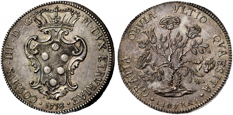 Livorno. Pezza della rosa 1718, AR 25,83 g. COSMVS III D G – M DVX ETRVRIAE Stem...