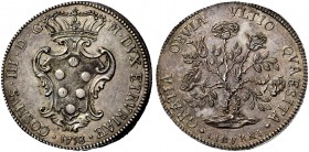 Livorno. Pezza della rosa 1718, AR 25,83 g. COSMVS III D G – M DVX ETRVRIAE Stemma coronato; sotto, nel giro, 1718. Rv. GRATIA OBVIA VLTIO QVAESITA Du...