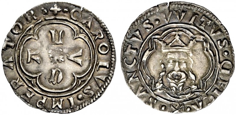 Lucca. Grosso da 3 bolognini (dopo il 1450), AR 2,31 g. CAROLVS IMPERATOR Nel ca...