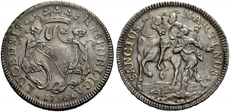 Lucca. Scudo 1756, AR 26,50 g. RESPUBLICA – LUCENSIS Scudo in cartella sorretto ...