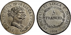 Lucca. Elisa Bonaparte e Felice Baciocchi, 1805-1814. Da 5 franchi 1808. Pagani 254a. MIR 244/4.
 Conservazione eccezionale, Fdc