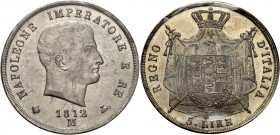 Milano. Napoleone I re d’Italia, 1805-1814. Da 5 lire 1812. Pagani 30. Crippa 28/E. MIR 490/5.
 Conservazione eccezionale, Fdc
 Sigillata Bazzoni.