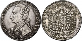 Modena. Ercole III d’Este, 1780-1796. Da 3 scudi 1782, AR 27,59 g. HERCVLES III D G MVT REG MIR EC DVX Busto con collare del Toson d’oro a s. Rv. PROX...