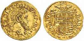 Napoli. Carlo V imperatore, 1516-1554. Scudo, AV 3,35 g. CAROLVS IIIII IMP RO Testa laureata a d.; dietro IBR (Giovan Battista Ravaschieri, m.d.z.) Rv...