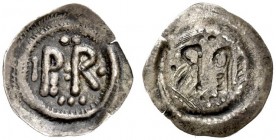 Pavia. Pertarito, 671-686. Mezza siliqua, AR 0,28 g. PE R/ Monogramma di Pertarito. Rv. Stesso tipo, incuso. Bernareggi, Moneta Langobardorum p. 206. ...