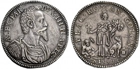 Piacenza. Alessandro Farnese, 1586-1591. Scudo 1590, AR 32,20 g. ALEX FAR – DVX III PLA P ΈC Busto corazzato a d. Rv. PLAC ROMAN COLON Allegoria femmi...