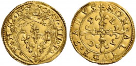 Piacenza. Paolo III (Alessandro Farnese), 1534-1549. Scudo, AV 3,32 g. PAV III P – M PLAC’ D’ Stemma sormontato da triregno e chiavi decussate. Rv. NO...