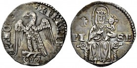 Pisa. Aquilino minore 1296-1312, AR 1,95 g. FRIMPE – RATOR Aquila ad ali spiegate sopra un capitello. Rv. La Beata Vergine seduta in trono con il Bamb...