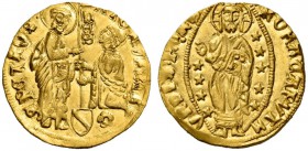 Roma. Secolo XV. Ducato, AV 3,57 g. + ATOR VRBIS – S PETRVS S. Pietro nimbato stante nell’atto di consegnare il vessillo al Senatore genuflesso davant...