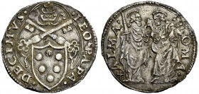 Roma. Leone X (Giovanni de’Medici), 1513–1521. Giulio, AR 3,81 g. LEO PAPA – DECIMVS Stemma sormontato da triregno e chiavi decussate. Rv. ALMA – ROMA...
