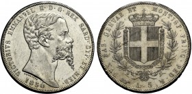 Savoia. Vittorio Emanuele II re di Sardegna, 1849-1861. Da 5 lire 1850, Torino. Pagani 371. MIR 1057b.
 Molto Rara. q.Fdc