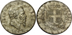 Savoia. Da 5 lire 1875, Milano. Pagani 499. MIR 1082u.
 q.Fdc