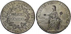 Torino. Repubblica Piemontese, 1798-1799. Mezzo scudo anno VII (1798). Pagani 1.
 Raro. Piccola mancanza di metallo sul contorno, a ore 8, altrimenti...