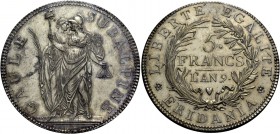 Torino. Repubblica Subalpina, 1800-1802. Da 5 franchi anno IX (1800). Pagani 5.
 Rara. q.Fdc
 Sigillata Bazzoni.